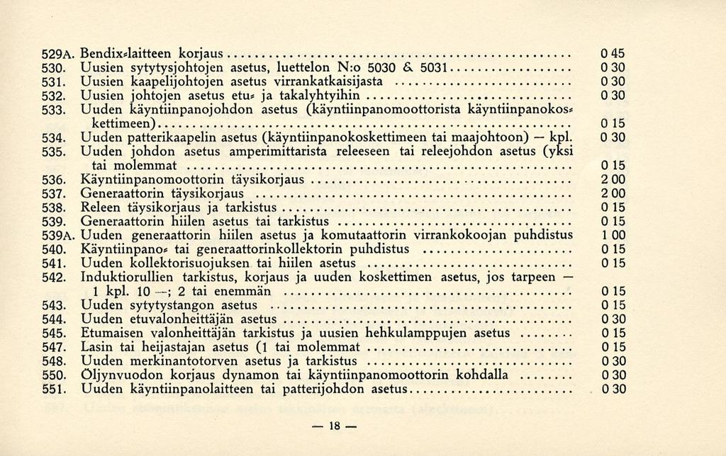 kpl. 529A. Bendix*laitteen korjaus 0 45 530. Uusien sytytysjohtojen asetus, luettelon N:o 5030 &. 5031 030 531. Uusien kaapelijohtojen asetus virrankatkaisijasta 030 532.