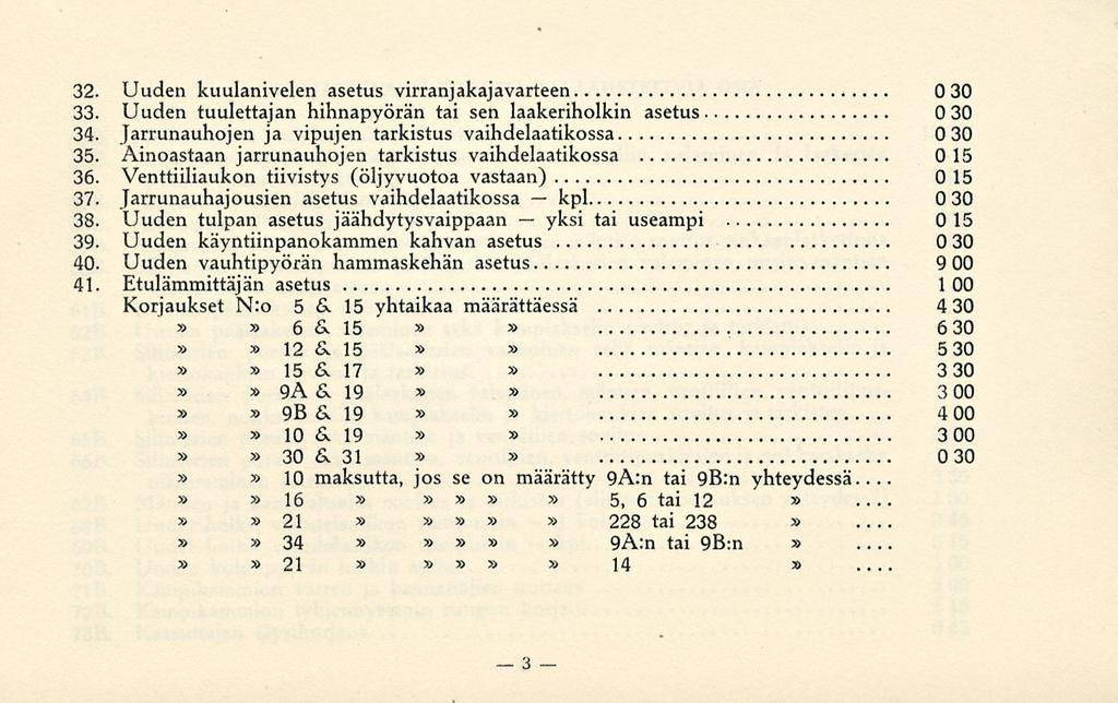 yksi kpl 32. Uuden kuulanivelen asetus virranjakajavarteen 030 33. Uuden tuulettajan hihnapyörän tai sen laakeriholkin asetus 030 34. Jarrunauhojen ja vipujen tarkistus vaihdelaatikossa 030 35.