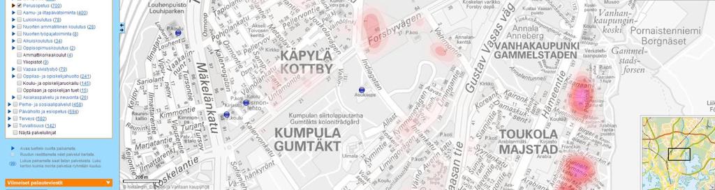 vuotiaan väestön keskittymät tummennettuna,