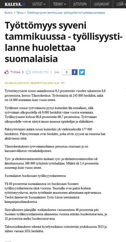 23.2.2016 Suomalaiset erittäin huolissaan kotimaan työllisyystilanteesta Aamuposti
