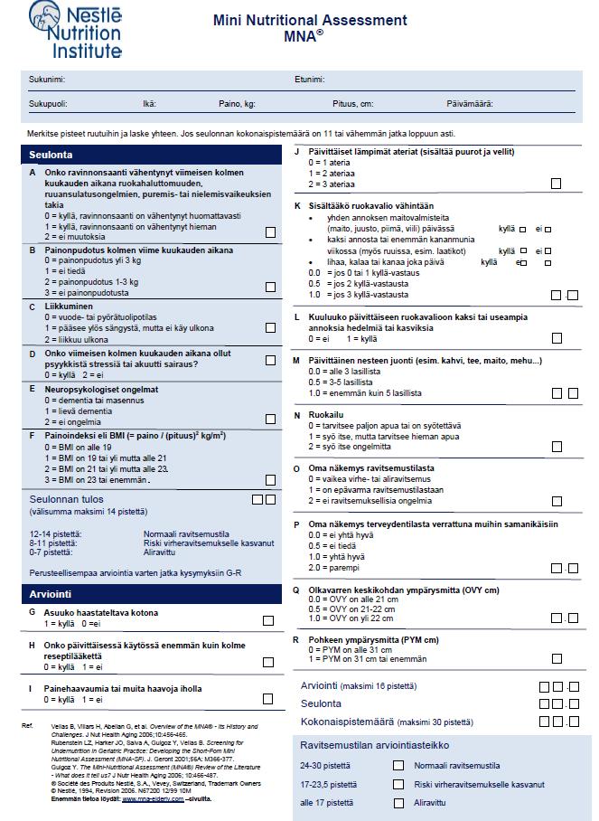 MNA vajaaravitsemuksen seulontalomake Huomioidaan myös liikkuminen