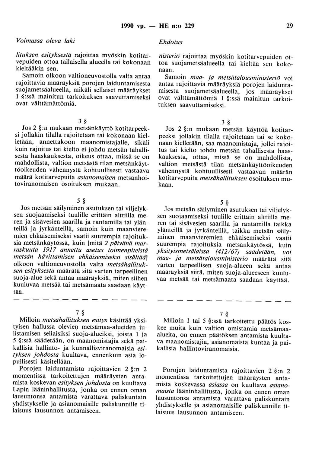 1990 vp. - HE n:o 229 29 Voimassa oleva laki lituksen esityksestä rajoittaa myöskin kotitarvepuiden ottoa tällaisella alueella tai kokonaan kieltääkin sen.