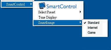 3. Kuvan optimointi Tilannekohtaisessa valikossa on neljä kohtaa: SmartControl Lite - Näyttää valittuna About (Tietoja tuotteesta) -näytön.