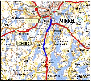 TAMPEREEN AMMATTIKORKEAKOULU OPINNÄYTETYÖ 59 (76) 5.7 Valtatie 13/15 välillä Haahkala - Porrassalmi, Mikkeli /24/ 5.7.1 Hankkeen yleiskuvaus Hankkeen sijainti Hanke sijaitsee Etelä-Savossa Mikkelin kaupunkialueella ja sen välittömässä läheisyydessä.