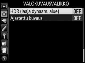 HDR toimii parhaiten matriisimittauksen kanssa käytettynä (0 128; pistemittausta tai keskustapainotteista mittausta ja ei-mikroprosessoriohjattua objektiivia käytettäessä valotusero Automaattinen