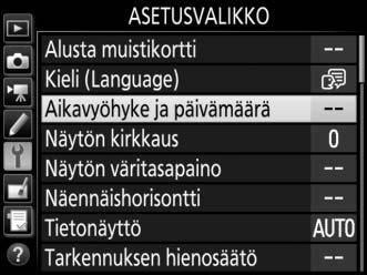 2 Paina G, kun oikealla oleva valintaikkuna tulee näkyviin. G-painike 3 Aseta kameran kello. Paina G-painiketta avataksesi asetusvalikon.