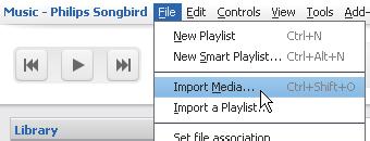 » Mediatiedostot lisätään kohtaan Kirjasto. Vaihtoehtoisesti voit siirtyä kohtaan File (Tiedosto) > Import a playlist (Tuo soittolista) ja valitse tietokoneen soittolistoja.
