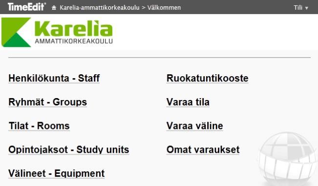 ylläpitää omia varauksia rajoitetusti. 2 TimeEdit Web Avaa järjestelmä Pakki-portaalista -linkistä tai osoitteesta https://fi.timeedit.net/web/karelia/db1.