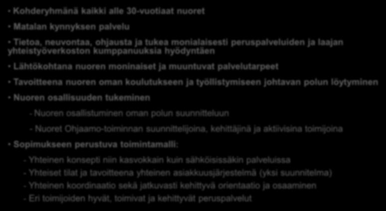 Nuoren osallistuminen oman polun suunnitteluun - Nuoret Ohjaamo-toiminnan suunnittelijoina, kehittäjinä ja aktiivisina toimijoina Sopimukseen perustuva toimintamalli: - Yhteinen konsepti niin