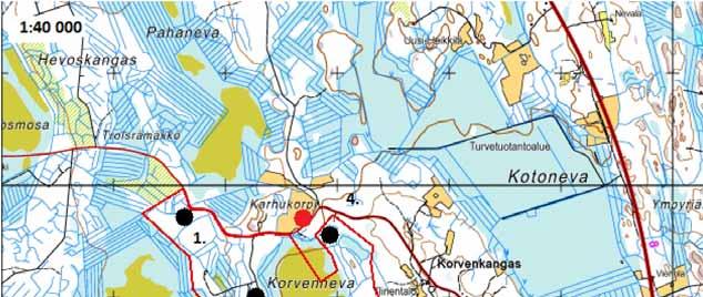 14 (101) Korvennevan tuulivoimapuisto FCG SUUNNITTELU JA TEKNIIKKA OY Kuva 3.4. Kesän 2012 luontoselvitykset tehtiin pienemmälle hankealueelle.