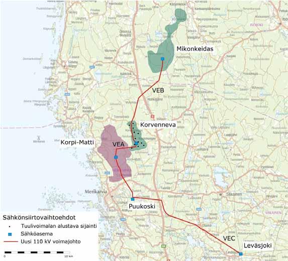 FCG SUUNNITTELU JA TEKNIIKKA OY Korvennevan tuulivoimapuisto 17 (101) VEA Sähkönsiirto Korvennevan hankealueelle rakennettavalta 110/20 kv sähköasemalta 110 kv ilmajohdolla luoteeseen Korpi-Matin