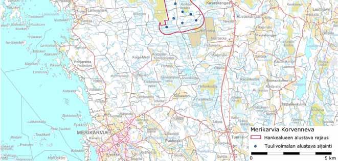 Matkaa merenrantaan on noin 5-6 kilometriä. Hankealue sijaitsee noin 10 kilometriä Merikarvian kuntakeskuksesta koilliseen.