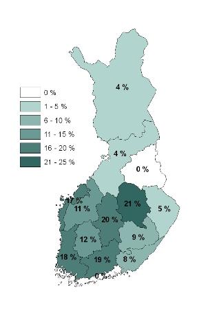 Latvusmassan ja kantojen korjuutilanne 2010 (% yksityismetsien avohakkuualasta) Keskimäärin 30 % avohakkuualoista, arviolta 40 000