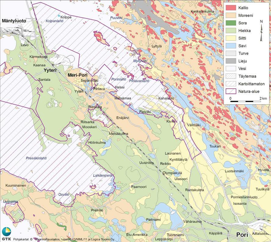 Kuva 4. Pintamaaperäkartta tutkimusalueesta ja Natura-alueen rajat.