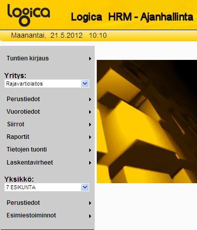 Yleistä Navigointi Sivun vasemmassa reunassa sijaitseva navigointialue sisältää organisaatiovalinnan ja navigointilinkit, joista päästään Ajanhallinnan eri toimintoihin.