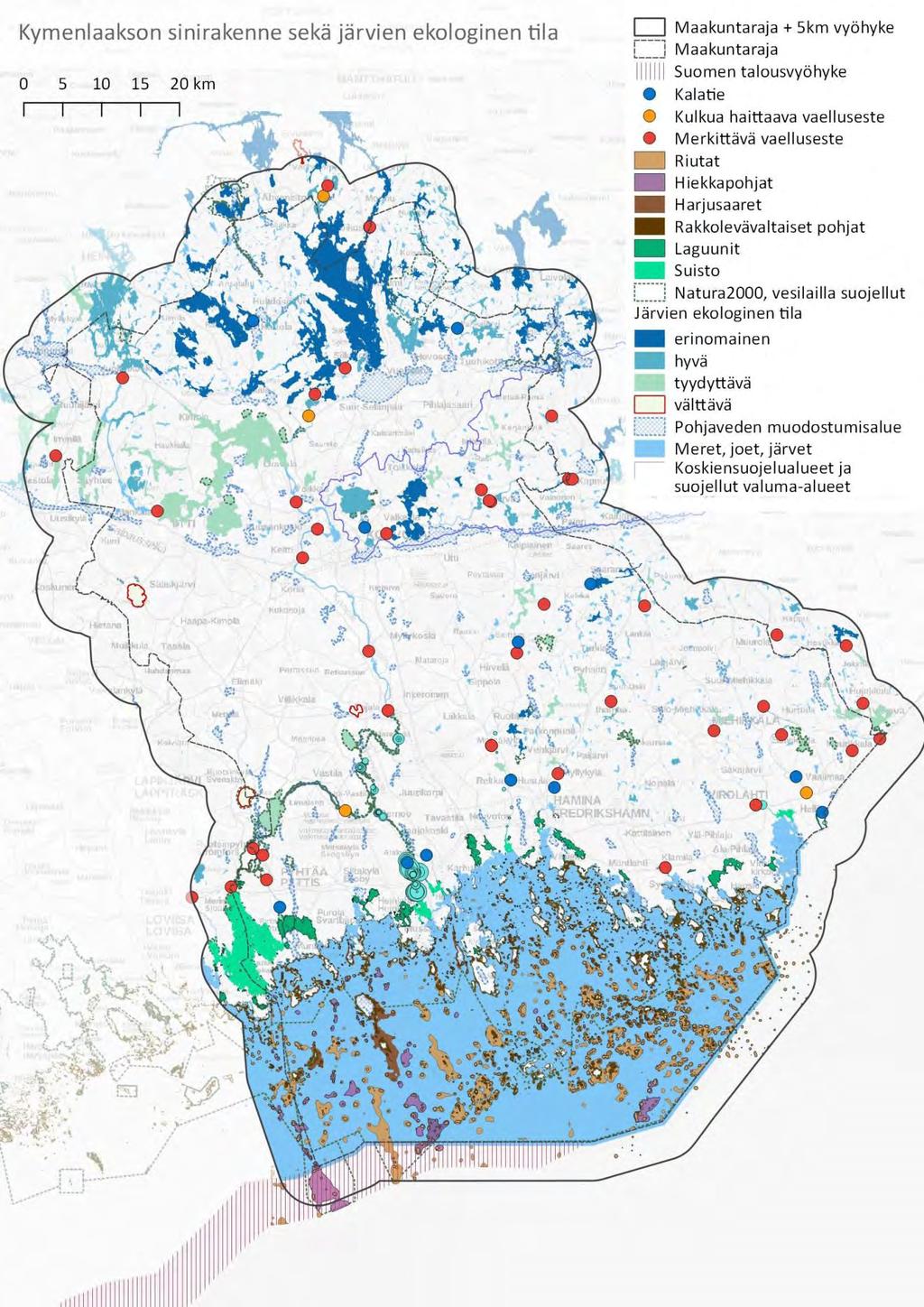 Kuva 2. Kymenlaakson sinirakenne sekä järvien ekologinen tila.