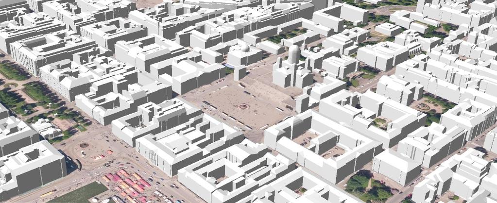 Kuva havainnollistaa LoD2-tasoisten CityGML-rakennusten monimuotoisia kattomuotoja.