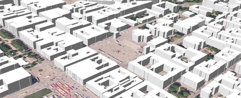 Kuva 53 Näkymä kaupunkitietomallin LoD1-tasoisista rakennuksista. (Helsingin kaupunki) Kuva 54 havainnollistaa kaupunkitietomallissa esiintyviä eroavaisuuksia verrattuna reaalimaailmaan.