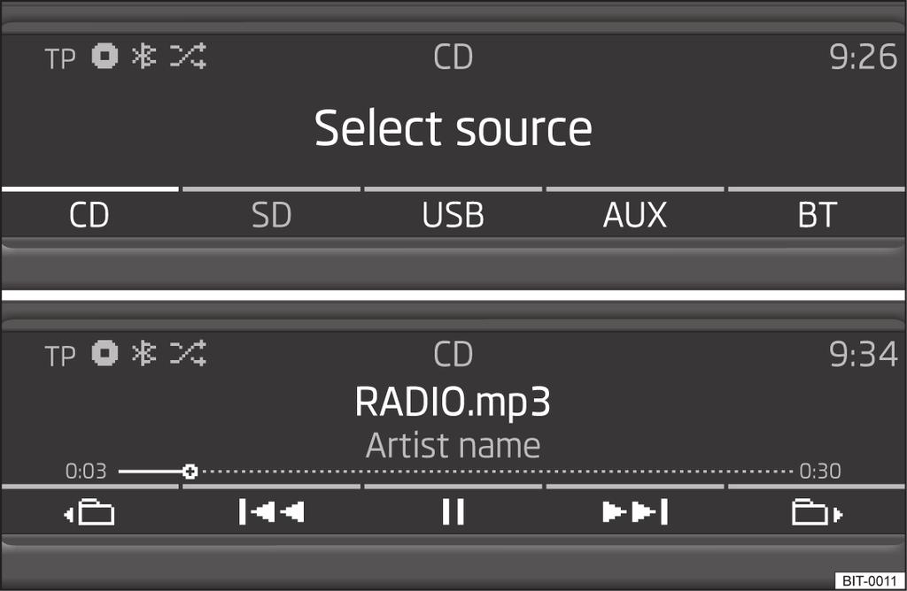 Lähteen valinta Näytöllä oleva symbolit Symboli Ääni on mykistetty Merkitys CD on asetettu laitteen levyasemaan Kytketyn Bluetooth -laitteen näyttö / Kappaleen tai kansion toisto,,,, Satunnaistoisto