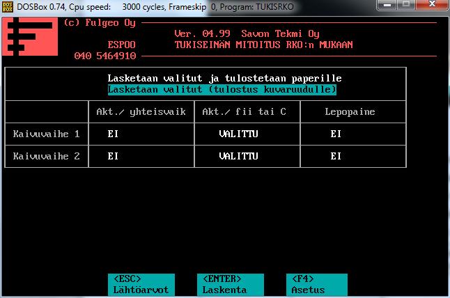 42 (66) F2 painikkeesta ohjelma siirtyy laskenta valikkoon (kuva 35). Valikosta voidaan valita laskentamenetelmä. Valittavina ovat lepopaine sekä aktiivipaine erillis- tai yhteisvaikutuksena.