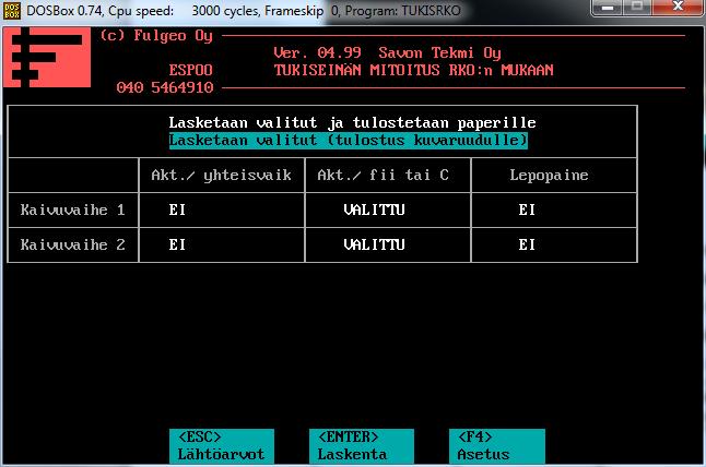 42 (66) F2 painikkeesta ohjelma siirtyy laskenta valikkoon (kuva 35). Valikosta voidaan valita laskentamenetelmä. Valittavina ovat lepopaine sekä aktiivipaine erillis- tai yhteisvaikutuksena.