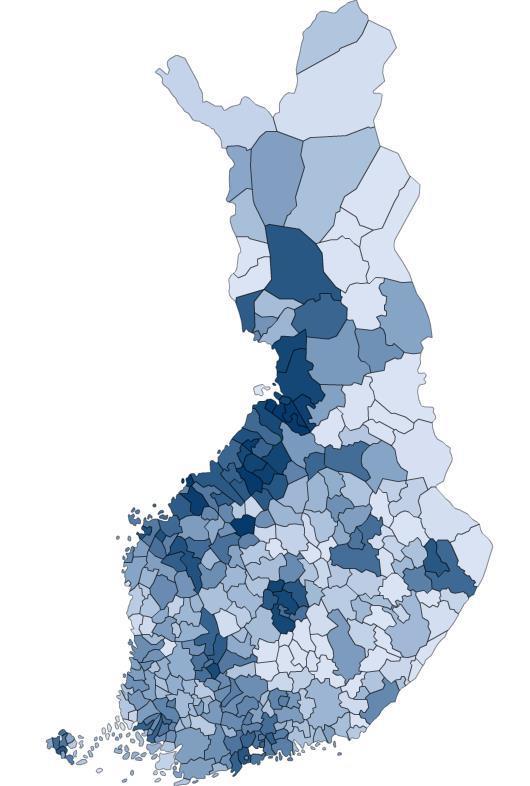 0-29-vuotiaiden osuus kunnan väestöstä vuosina