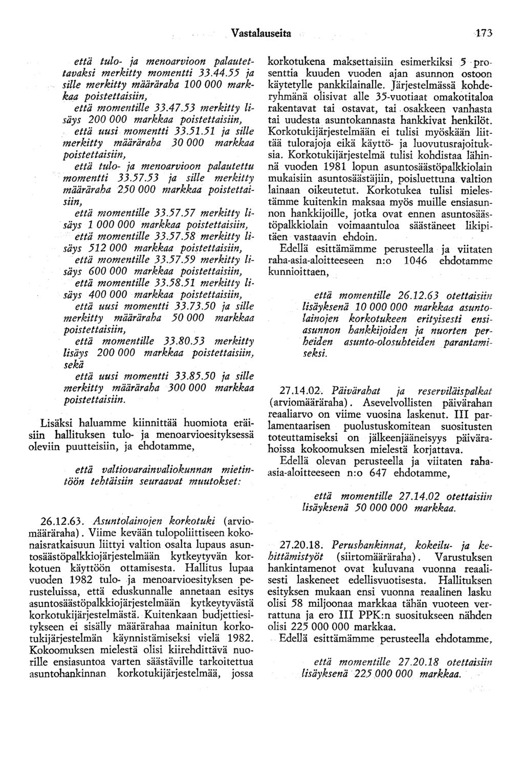Vastalauseita 173 että tulo- ja menoarvioon palautettavaksi merkitty momentti 33.44.55 ja sille merkitty määräraha 100 000 markkaa poistettaisiin, että momentille 33.47.