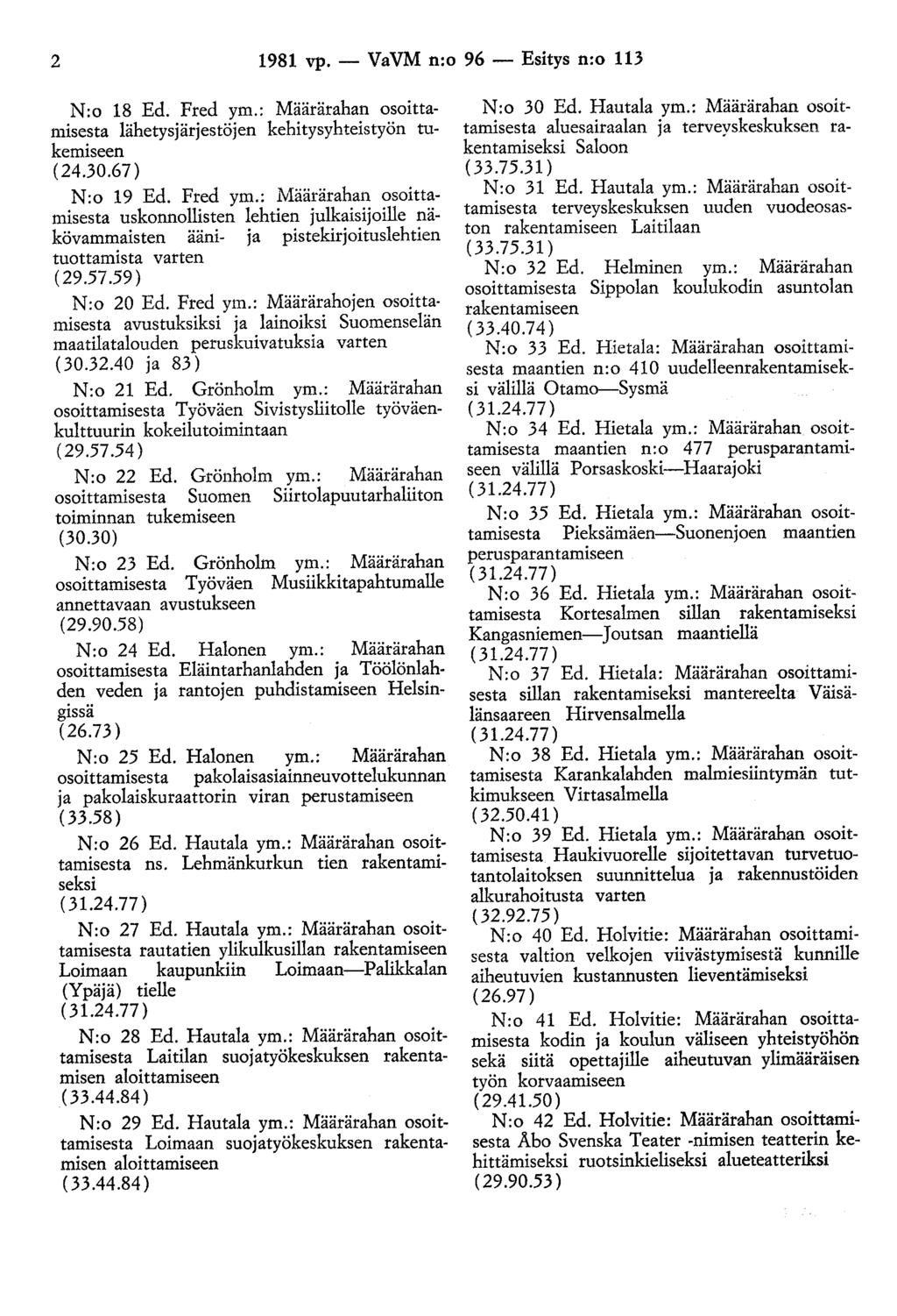 2 1981 vp.- VaVM n:o 96- Esitys n:o 113 N:o 18 Ed. Fred ym.: Määrärahan osoittamisesta lähetysjärjestöjen kehitysyhteistyön tukemiseen (24.30.67) N:o 19 Ed. Fred ym.: Määrärahan osoittamisesta uskonnollisten lehtien julkaisijoille näkövammaisten ääni- ja pistekirjoituslehtien tuottamista varten ( 29.