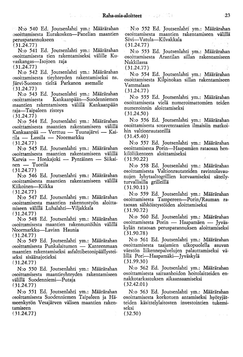 Raha-asia-aloitteet 23 N:o 540 Ed. Joutsenlahti ym.: Määrärahan osoitl:åmisesta Eurakosken-Panelian maantien perusparannukseen N:o 541 Ed. Joutsenlahti ym.: Määrärahan osoittamisesta tien rakentamiseksi välille Kuvaskangas-Isojoen raja N:o 542 Ed.