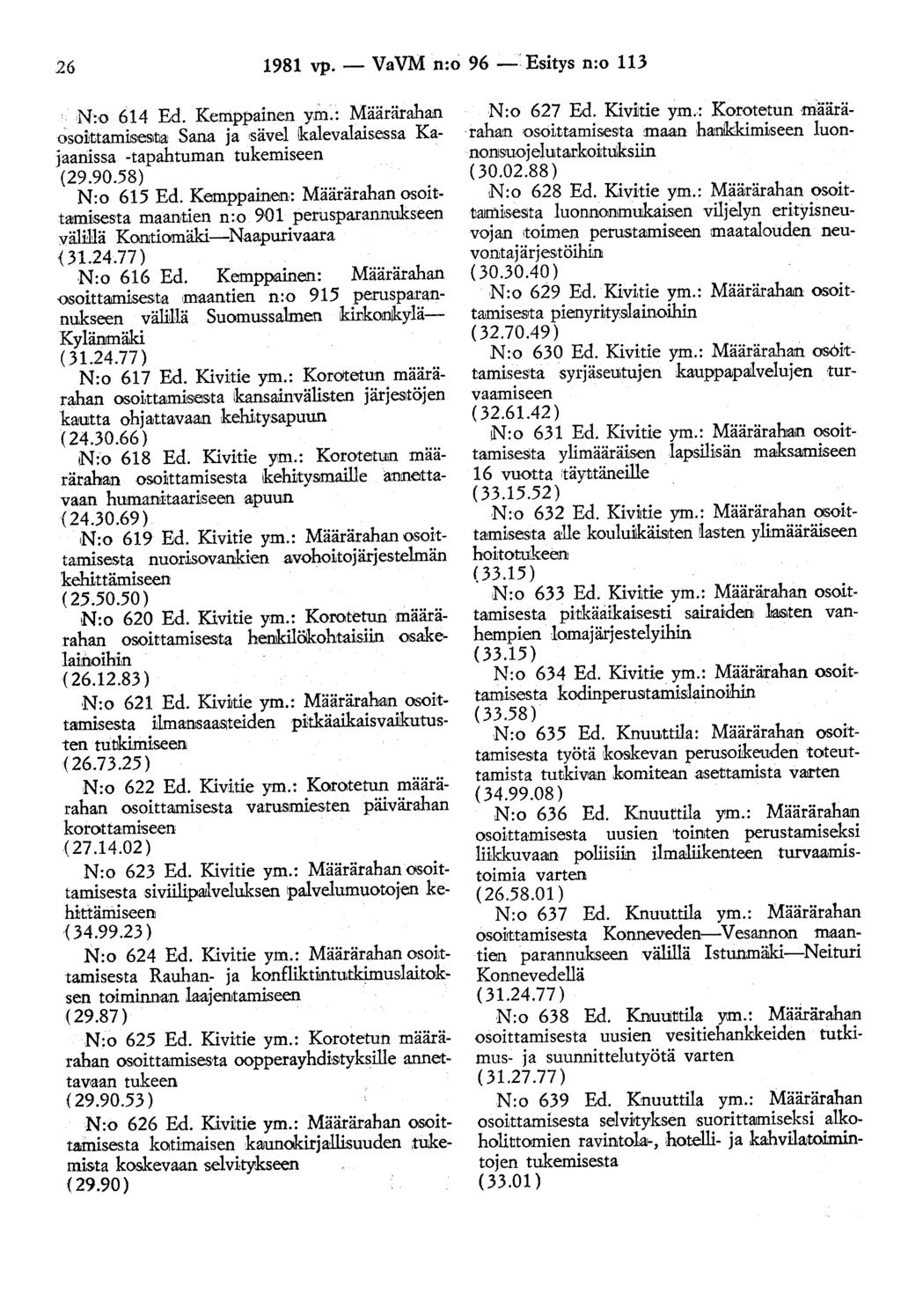 26 1981 vp. - VaVM n:o 96 - Esitys n:o 113 N:o 614 Ed. Kemppainen ym.: Määrärahan osoi:ttamis,es,ua Sana ja 'sävel kalevalaisessa Kajaanissa -tapahtuman tukemiseen (29.90.58) N:o 615 Ed.