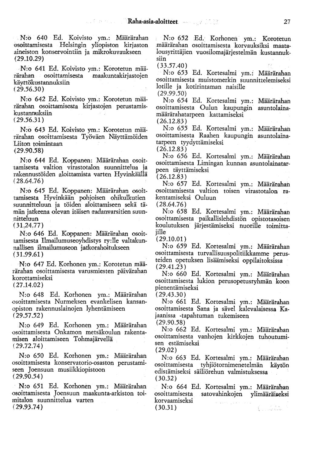 27 N:o 640 Ed. Koivisto ym.: Määrärahan osoittamisesta Helsingin yliopisiton kirjas1ton aineiston konservointiin ja :mi:krokuvaukseen {29.10.29) N:o 641 Ed. ~oivisto ym.