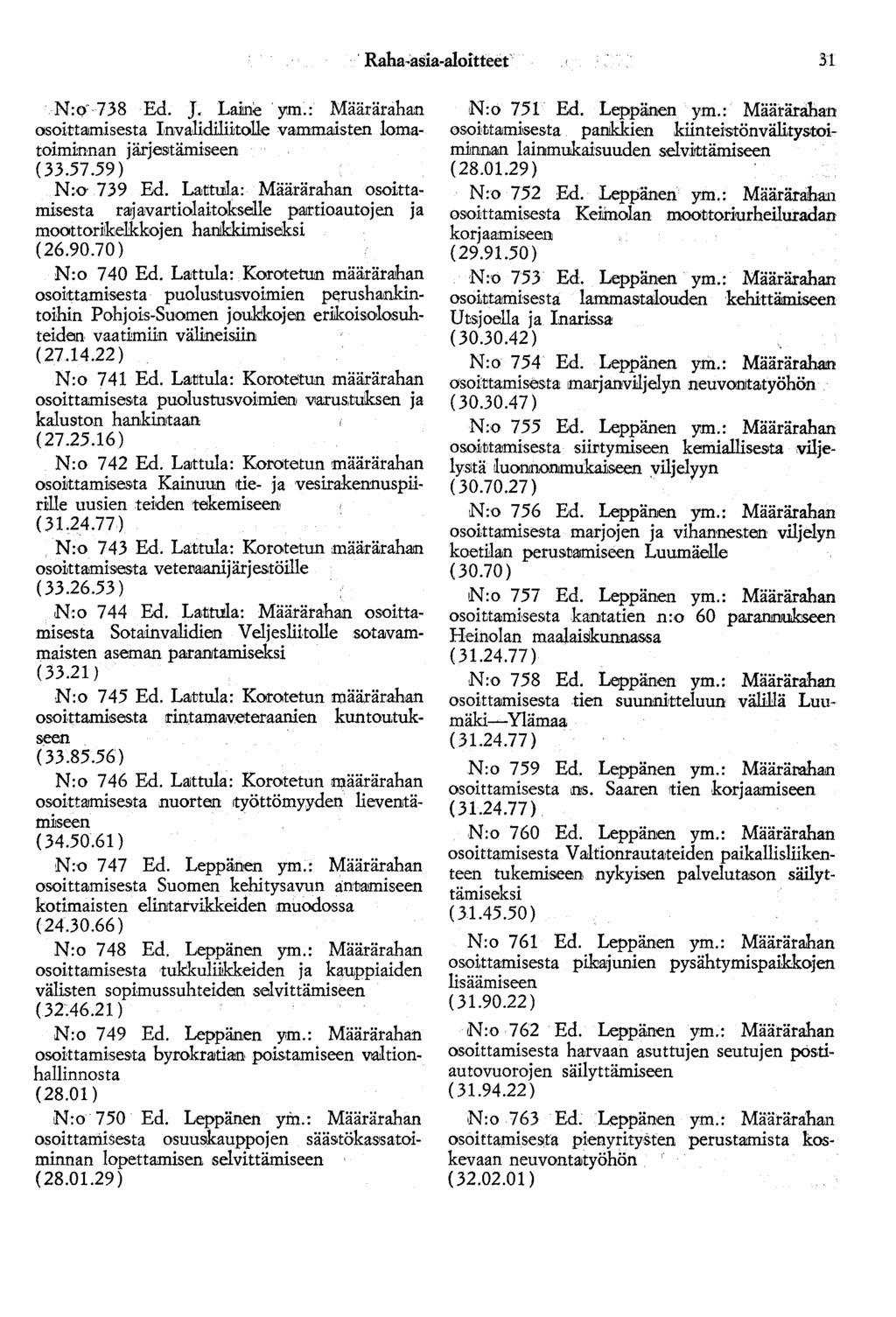 Raha-asia-aloitteet 31 N:cr 738 Ed. J. Laime ym.: Määrärahan osoittamisesta Invalidili1to11e vammati:sten lomatoiminnan järjestämiseen (33.57.59) N:o 739 Ed.