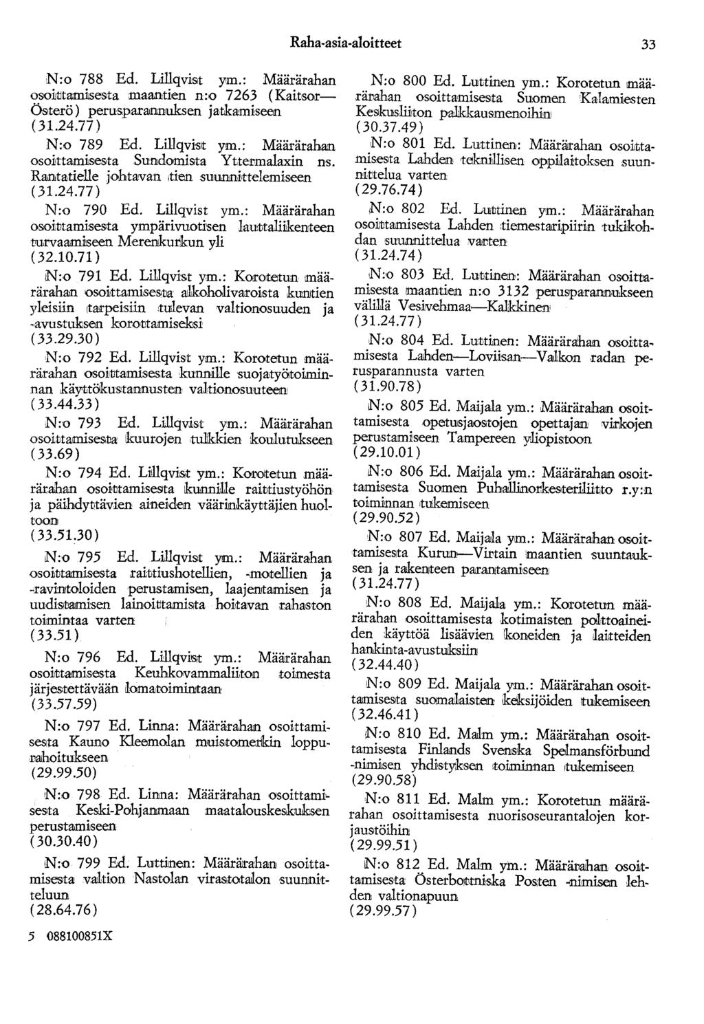 Raha-asia-aloitteet 33 N:o 788 Ed. Lillqvist ym.: Määrärahan oso1tjta:m1sesta maantien n:o 7263 ( Kaitsor Ös!terö) peruspamnnuksen jatkamiseen N:o 789 Ed. Lillqvislt ym.