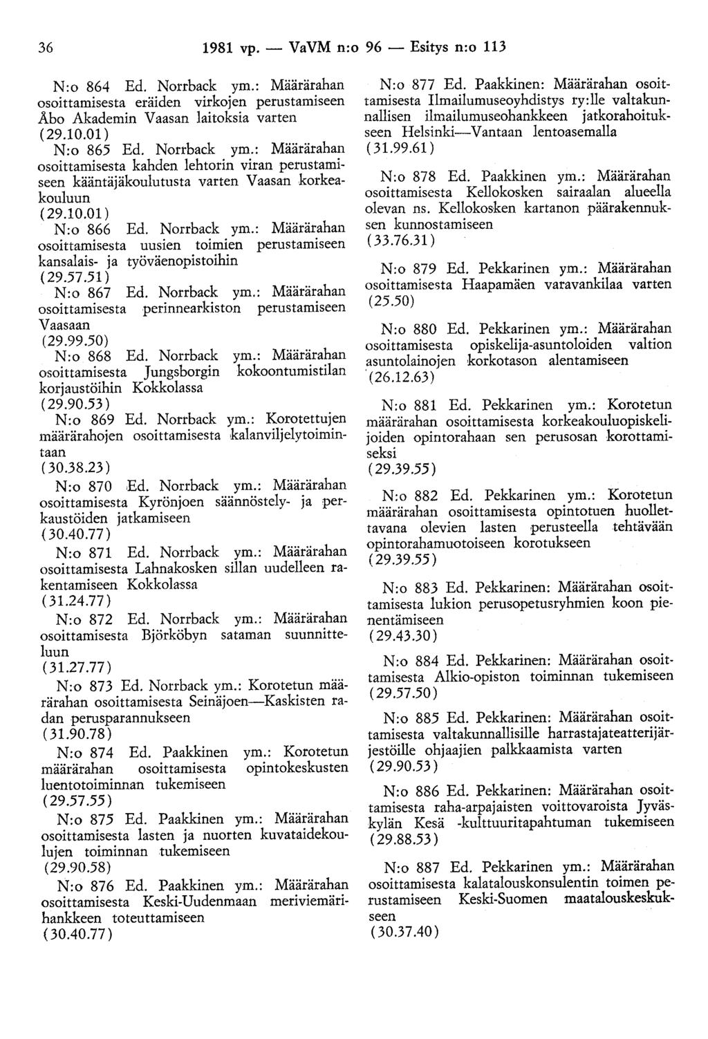 36 1981 vp. - VaVM n:o 96 - Esitys n:o 113 N:o 864 Ed. Norrback ym.: Määrärahan osoittamisesta eräiden virkojen perustamiseen Abo Akademin Vaasan laitoksia varten (29.10.01) N:o 865 Ed. Norrback ym.: Määrärahan osoittamisesta kahden lehtorin viran perustamiseen kääntäjäkoulutusta varten Vaasan korkeakouluun (29.
