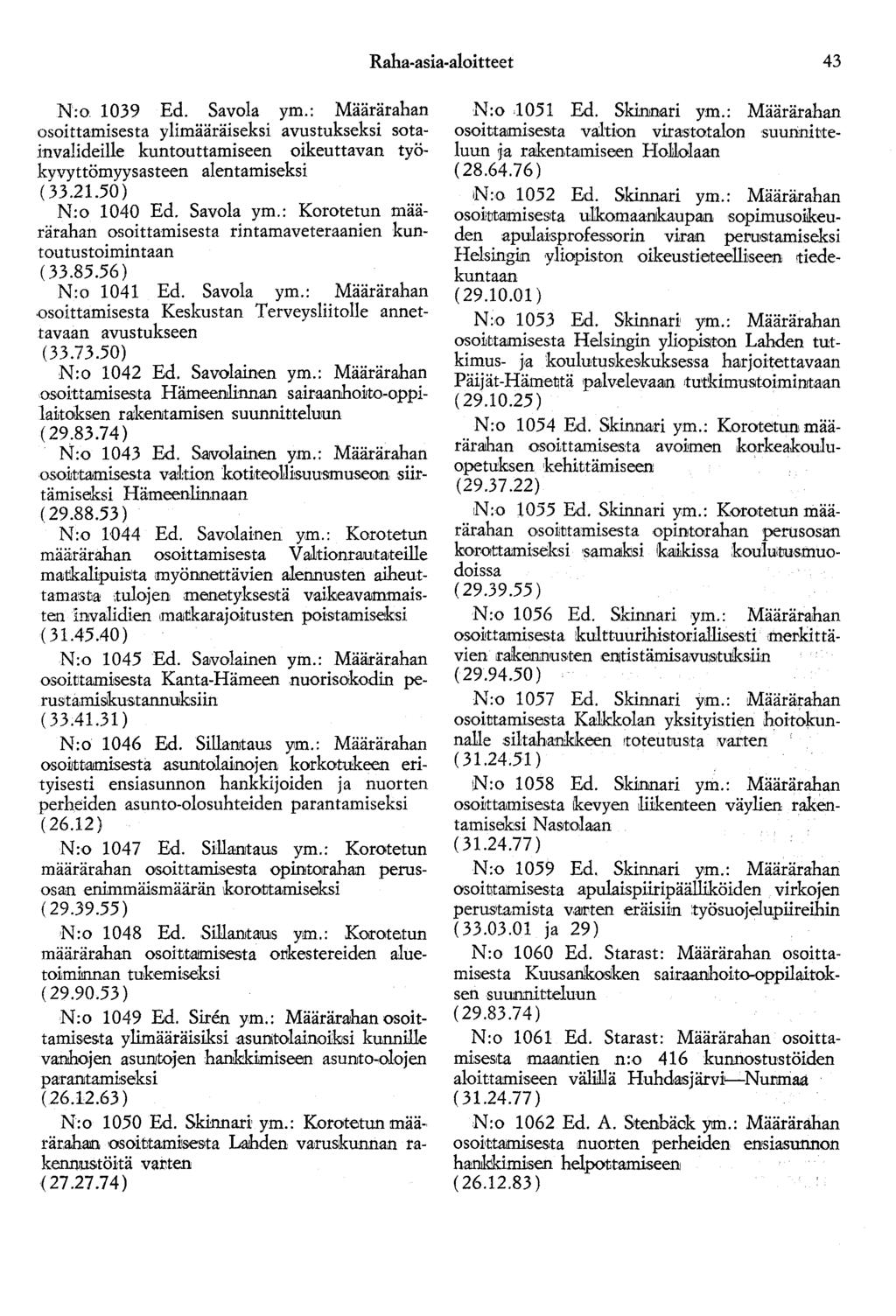 Raha-asia-aloitteet 43 N:o 1039 Ed. Savola ym.: Määrärahan osoittamisesta ylimääräiseksi avustukseksi sotainvalideille kuntouttamiseen oikeuttavan työkyvyttömyysasteen alentamiseksi ( 33.21.