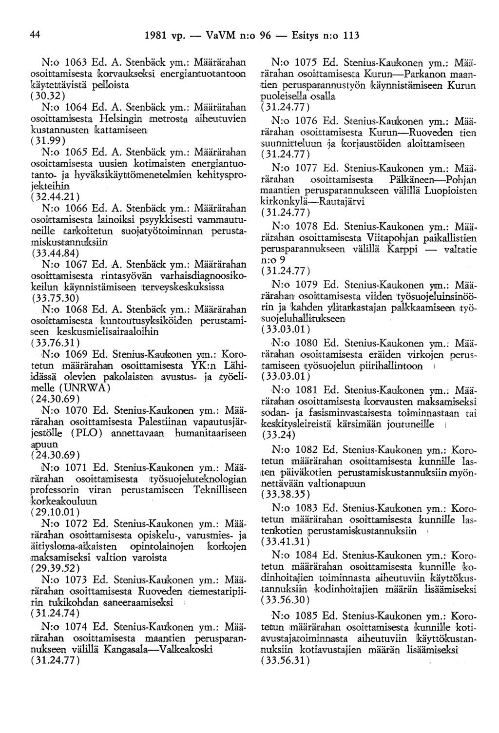 44 1981 vp. - VaVM n:o 96- Esitys n:o 113 N:o 1063 Ed. A. Stenbäok ym.: Määrärahan osoiutamisestta korvauikseksi energiantuotantoon käytetjtävistä pelloista ( 30.32) N:o 1064 Ed. A. Stenbäck ym.