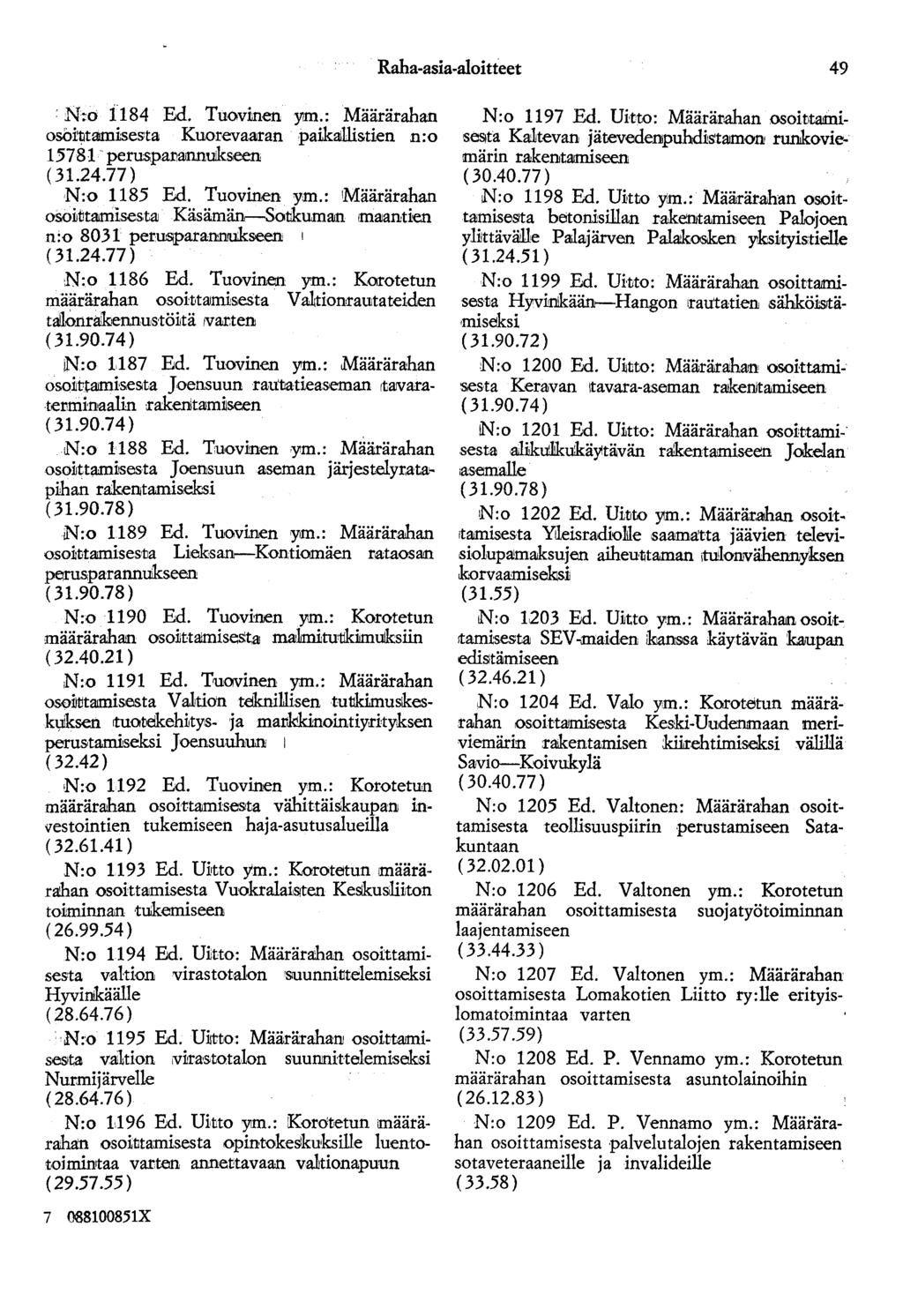 Raha-asia-aloitteet 49 N:o i184 Ed. Tuovinen y1m.: Määrärahan osöttltrunisesta Kuorevaaran paik.aillistien n:o 15781 peruspanannujkseen N:o 1185 Ed. Tuovinen y:m.
