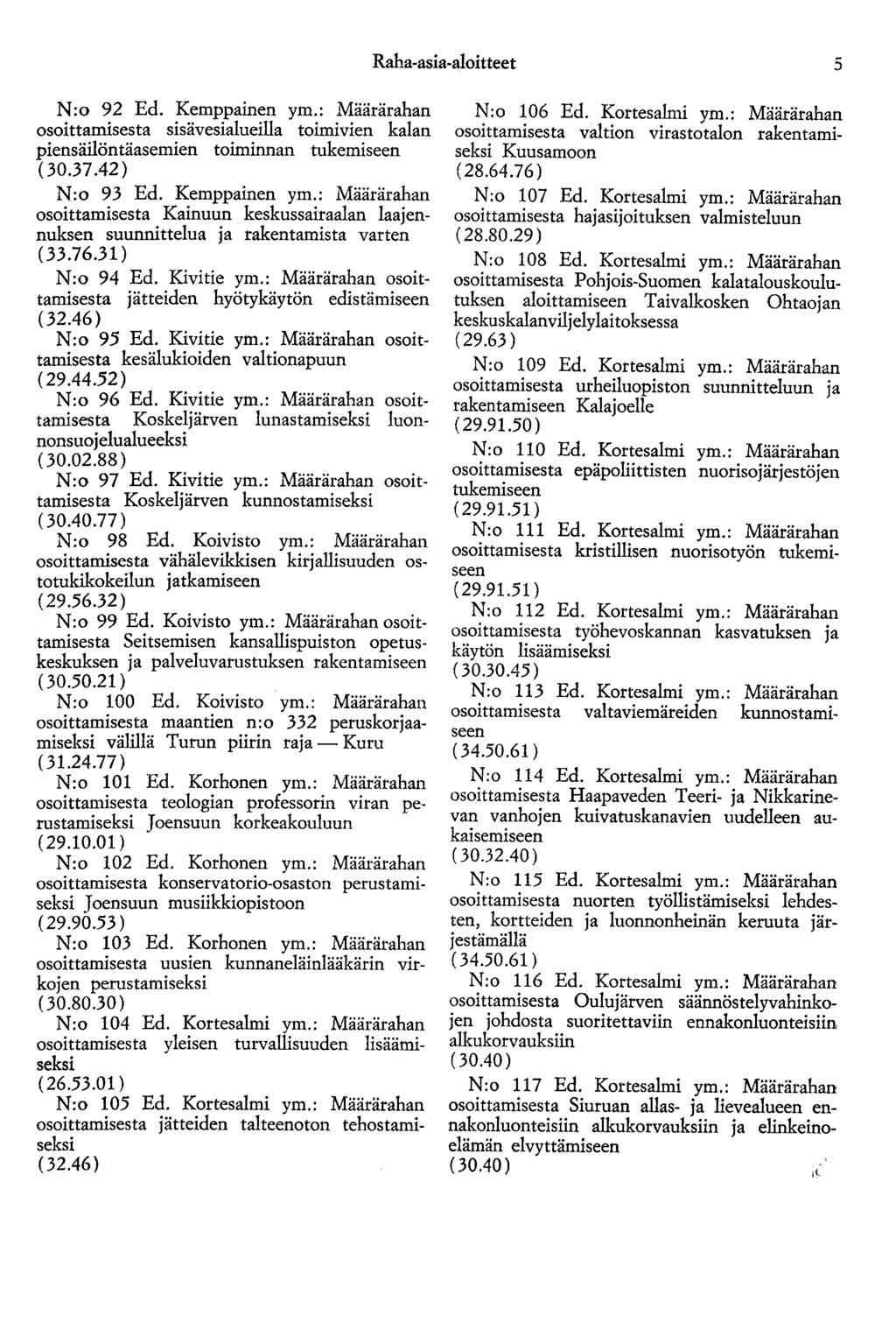 Raha-asia-aloitteet 5 N:o 92 Ed. Kemppainen ym.: Määrärahan osoittamisesta sisävesialueilla toimivien kalan piensäilöntäasemien toiminnan tukemiseen (30.37.42) N:o 93 Ed. Kemppainen ym.: Määrärahan osoittamisesta Kainuun keskussairaalan laajennuksen suunnittelua ja rakentamista varten (33.