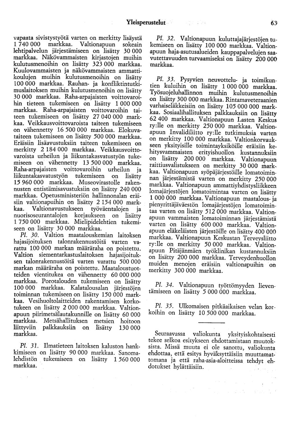 Yleisperustelut vapaata sivistystyötä varten on merkitty lisäystä 1 7 40 000 markkaa. Valtionapuun sokeain lehtipalvelun järjestämiseen on lisätty 30 000 markkaa.
