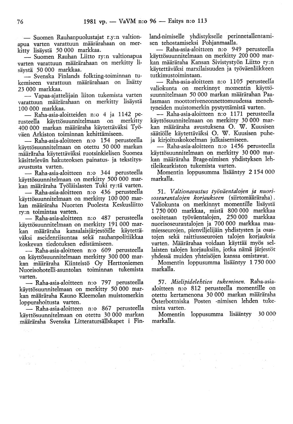 76 1981 vp. - VaVM n:o 96 - Esitys n:o 113 Suomen Rauhanpuolustajat r.y:n valtionapua varten varattuun määrärahaan on merkitty lisäystä 50 000 markkaa.