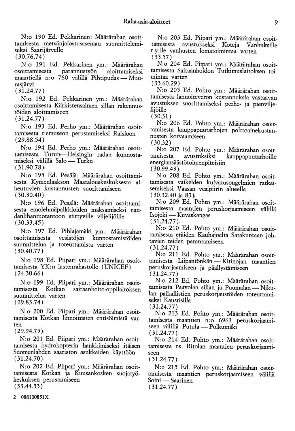 Raha-asia-aloitteet N:o 190 Ed. Pekkarinen: Määrärahan osoittamisesta metsänjalostusaseman suunnittelemiseksi Saarijärvelle (30.76.74) N:o 191 Ed. Pekkarinen ym.
