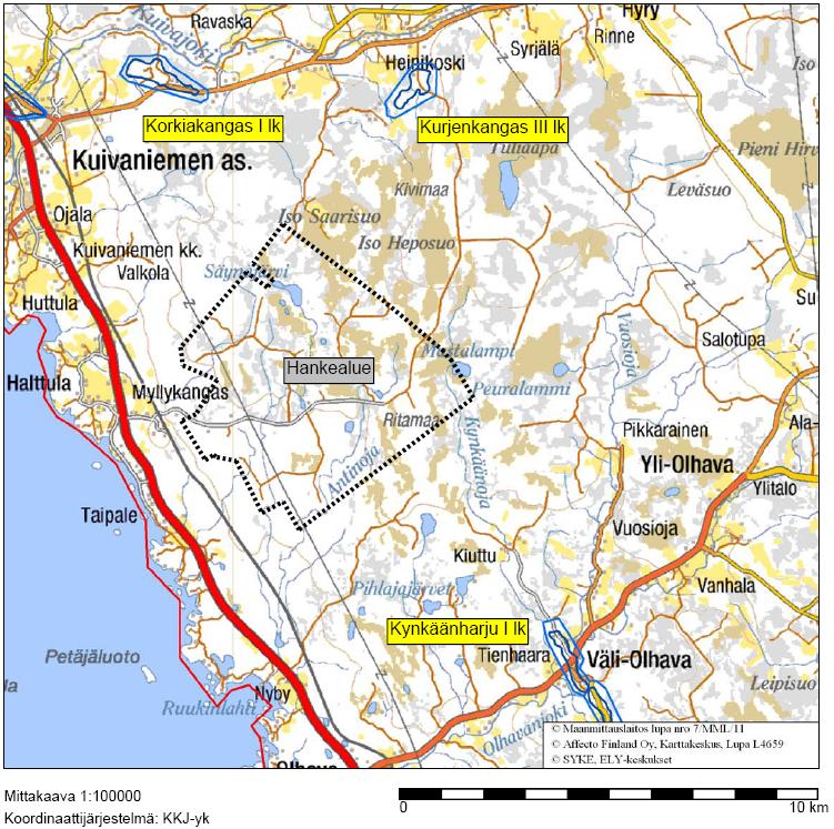 149 Kuva 5-51. Hankealueella ei ole pohjavesialueita. Oheisessa kartassa on esitetty lähimmät pohjavesialueet. (kartta: Ympäristöhallinto, Oiva-palvelu).