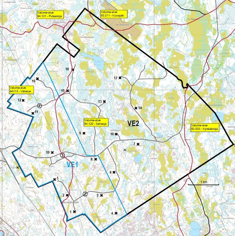 150 Kuva 5-52. Valuma-alueet hankealueella. Ympäristöhallinnon Hertta-tietokannasta löytyy vain Sahaojan suulta 19.9.1994 otetun yhden vesinäytteen analyysitulokset.