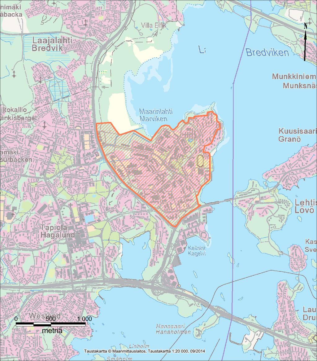 Kuva 1 Selvitysalueen sijainti osoitetaan oranssilla viivoituksella. 3 Tutkimusmenetelmät 3.