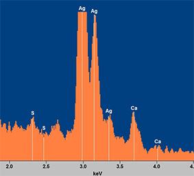 Rikkivedyn havainnointi pyyhkäisyelektronimikroskoopilla Kuva EDS-spektri anturista, jossa nähdään hyvin pienen rikkipiikin, 2,3 kev, lisäksi kaksi kalsiumpiikkiä, 3,7 kev ja 4,0 kev kohdalla.