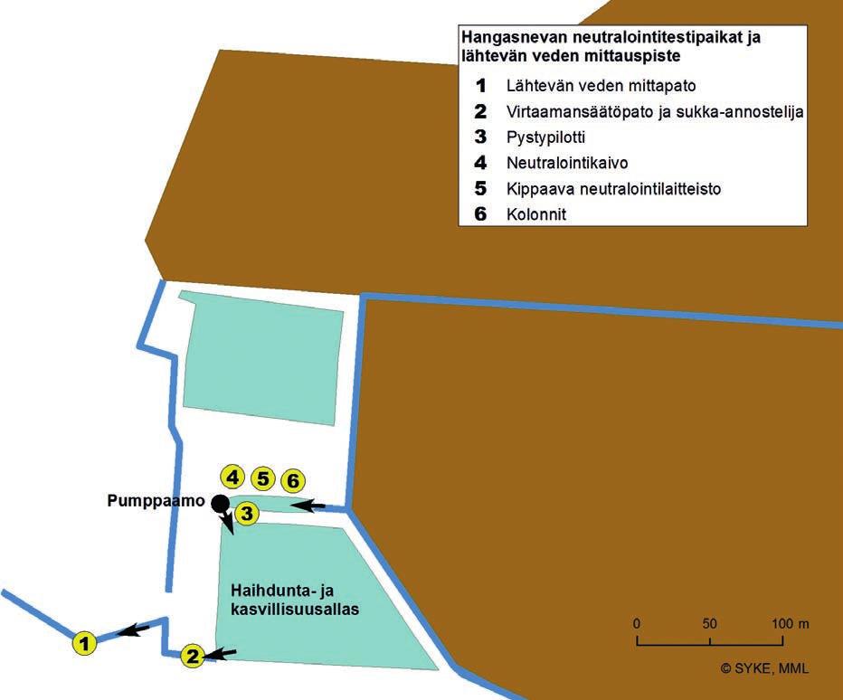 Kuva 29. Karttakuva Hangasnevan neutralointikoejärjestelyistä. Taulukko 11. Hangasnevan turvetuotantoalueelta haihdutus/kasvillisuusaltaalle tulevan valumaveden ominaisuuksia.