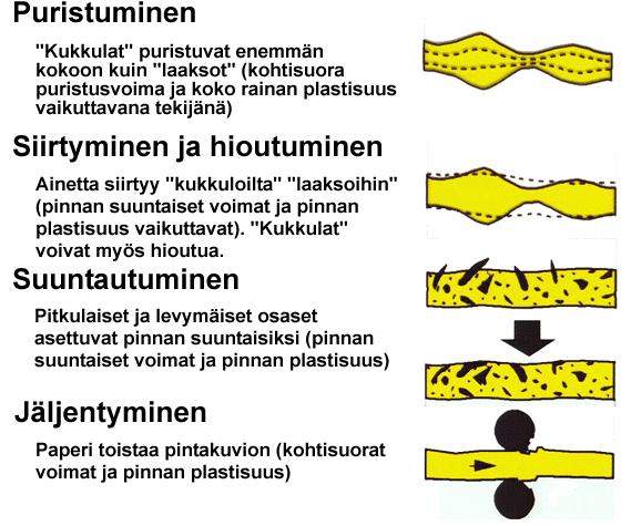32 6 KALANTEROINNIN VAIKUTUS Kalanteroinnissa paperi tai kartonkirata menee kahden tai useamman telanipin läpi ja paperin rakenne muuttaa muotoaan etenkin paksuussuunnassa, mutta myös tasonsuunnassa.