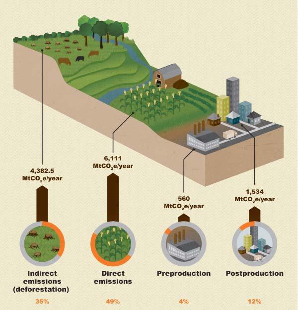 Miksi miettiä ilmastovaikutuksia ruoantuotannossa? Ruoan tuotanto ja kulutus tuottavat maailman kasvihuonekaasupäästöistä noin 19-29 % (9800-16,900 MtCO 2 e, vuonna 2008).