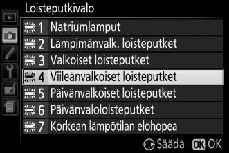 A Kuvausvalikko Valkotasapainon voi valita kuvausvalikon kohdassa Valkotasapaino (0 177), jossa voi myös hienosäätää valkotasapainoa (0 103) tai mitata valkotasapainon esiasetusarvon (0 104).