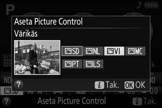 Picture Control -säätimet Nikonin ainutlaatuisen Picture Control -järjestelmän avulla kuvankäsittelyasetukset, kuten terävöinti, kontrasti, kirkkaus, värikylläisyys ja värisävy, voidaan siirtää